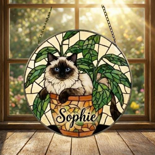 Custom Himalayan cat Stained Glass Window Hanging for Plant Lovers, Cozy Sunlit Home and Garden Decor, gift for cat lover - image 2