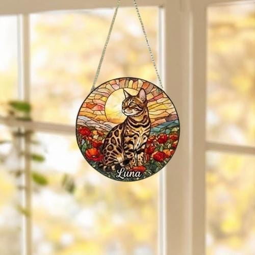 Custom Cat Stained Glass Suncatcher, Mothers Day Gift For Mom, Poppies Flower Suncatcher, Bengal Hanging Window, Cat Lover Gift - image 4