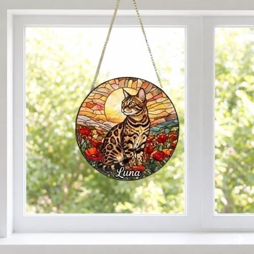 Custom Cat Stained Glass Suncatcher, Mothers Day Gift For Mom, Poppies Flower Suncatcher, Bengal Hanging Window, Cat Lover Gift - image 2