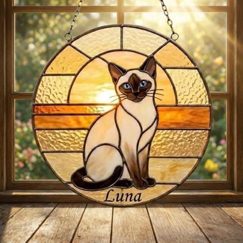 Custom Handmade Stained Glass Cat Suncatcher, Sunset Siamese Cat Window Hanging, Round Cat Glass Window Decor, Gift for Cat Lovers - image 3