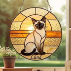 Custom Handmade Stained Glass Cat Suncatcher, Sunset Siamese Cat Window Hanging, Round Cat Glass Window Decor, Gift for Cat Lovers - image 5