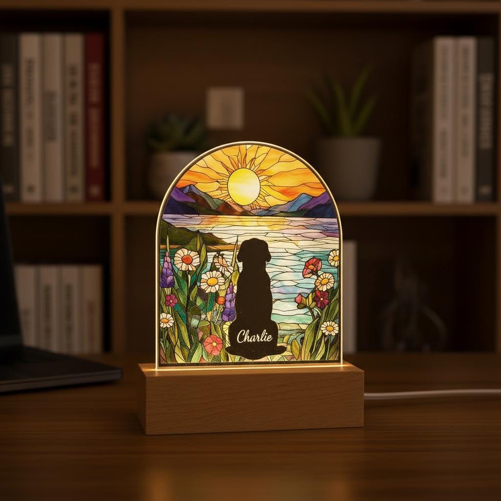 Custom Dog Memorial Acrylic Stained Glass Night Light With Name , Custom Pet Photo Gift, Bedroom LED Decor Sign, Puppy Loss Gift