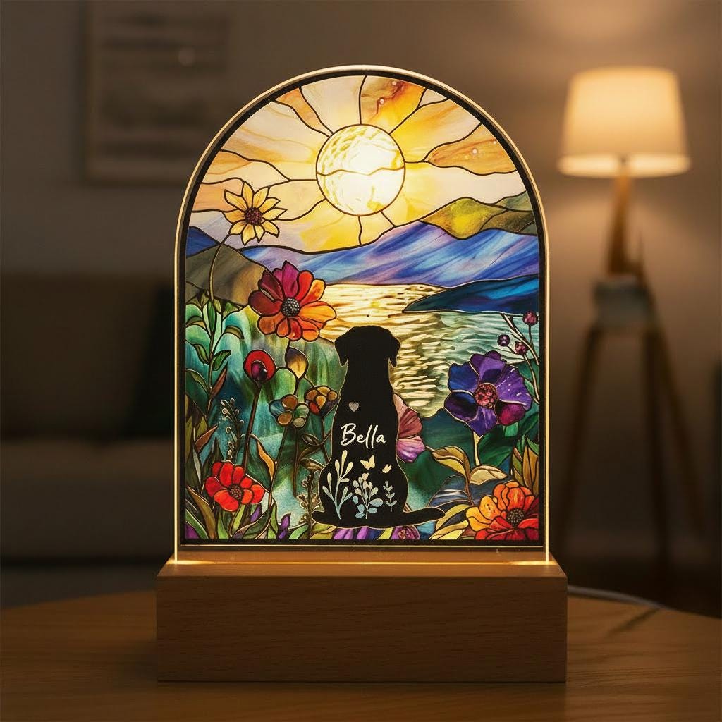 Custom Dog Memorial Acrylic Stained Glass Night Light With Name and breed , Custom Pet Photo Gift, Bedroom LED Decor Sign, Puppy Loss Gift