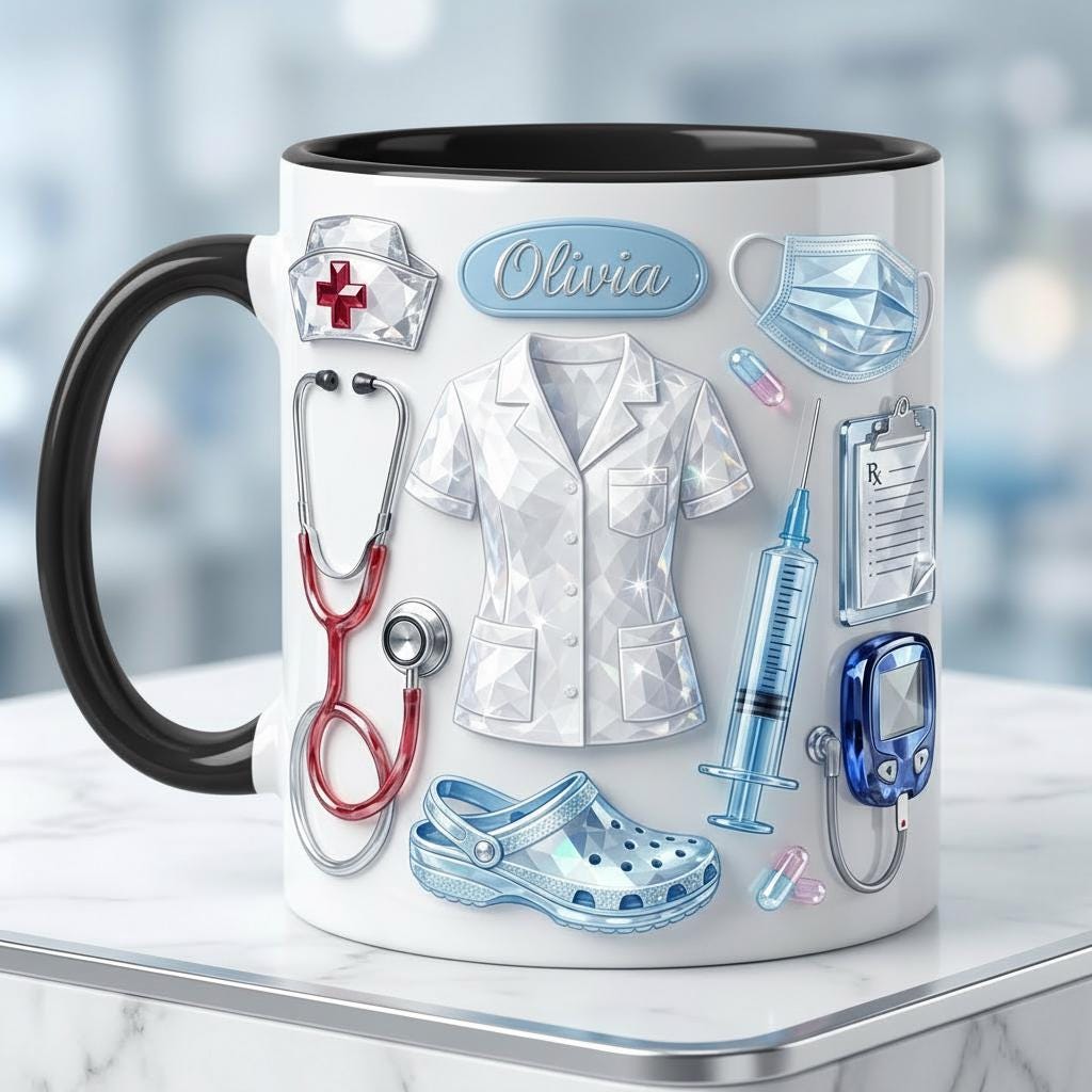 Personalized Nurse Mug Faux 3D Effect, Crystal Style Medical Icons, Gift For Nurses - image 3