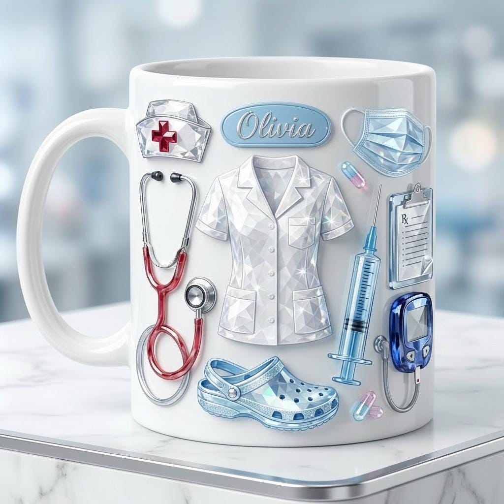 Personalized Nurse Mug Faux 3D Effect, Crystal Style Medical Icons, Gift For Nurses - image 5