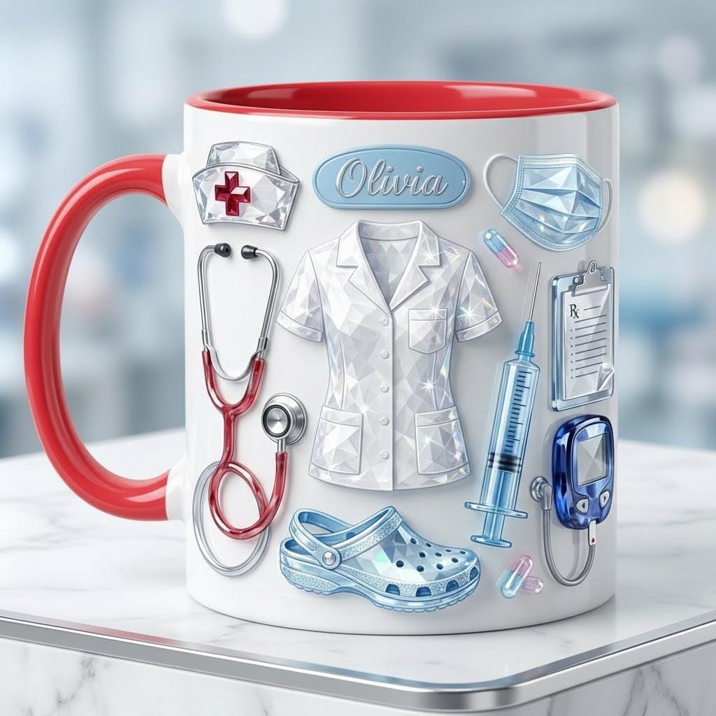Personalized Nurse Mug Faux 3D Effect, Crystal Style Medical Icons, Gift For Nurses - image 4