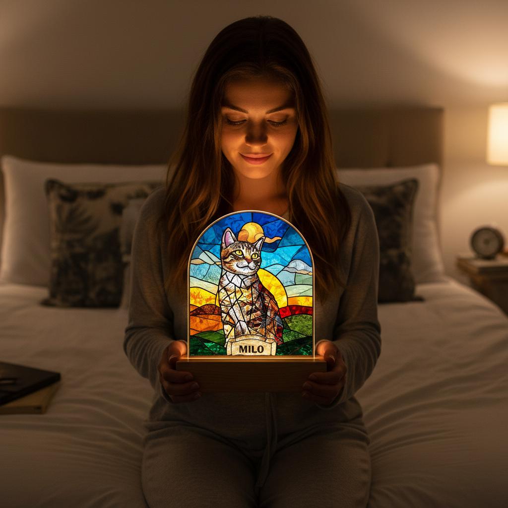 Personalized Cat Memorial  Acrylic Stained Glass Night Light, Cat With Name, Custom Pet Image Gift, Loss of Pet Sympathy Gift - image 4