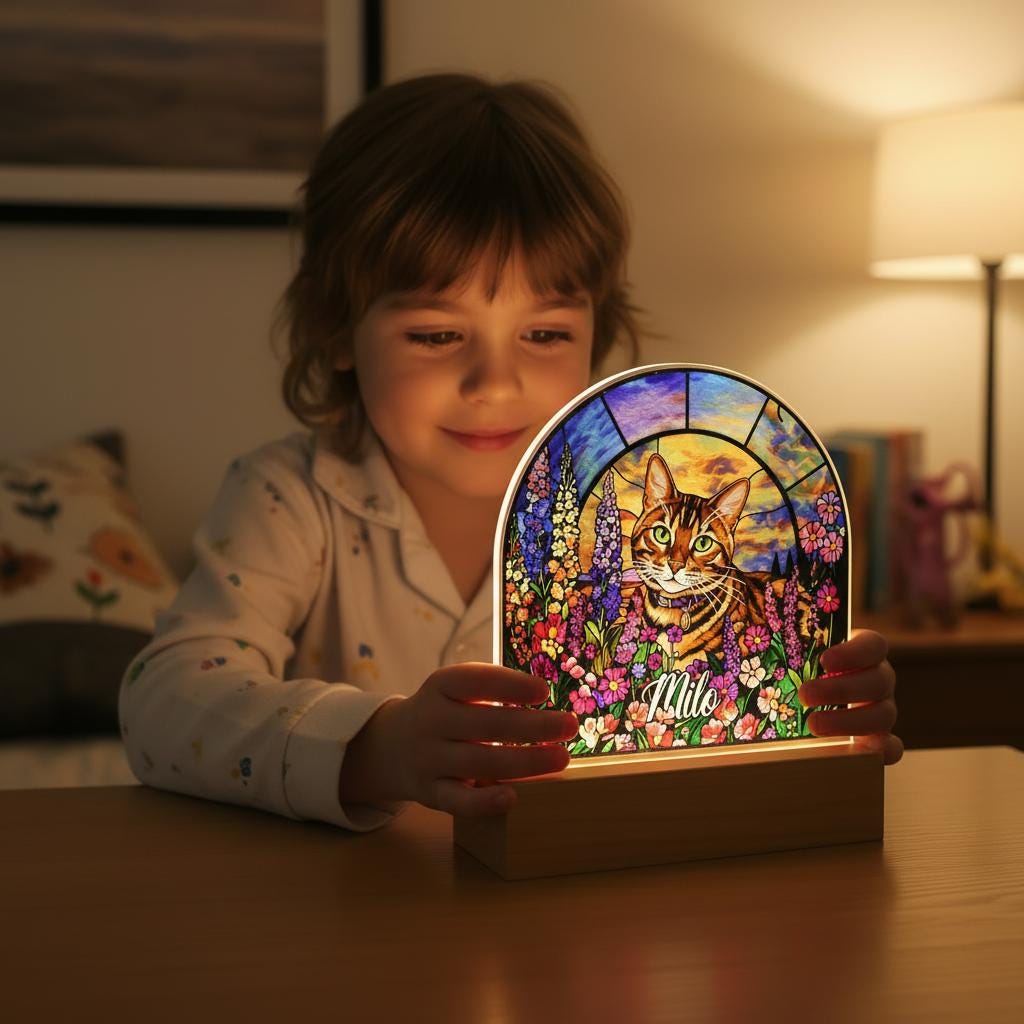 Personalized Cat Memorial Acrylic Stained Glass Night Light, Custom  Cat With Name and Image Gift, Loss of Pet Sympathy Gift - image 5