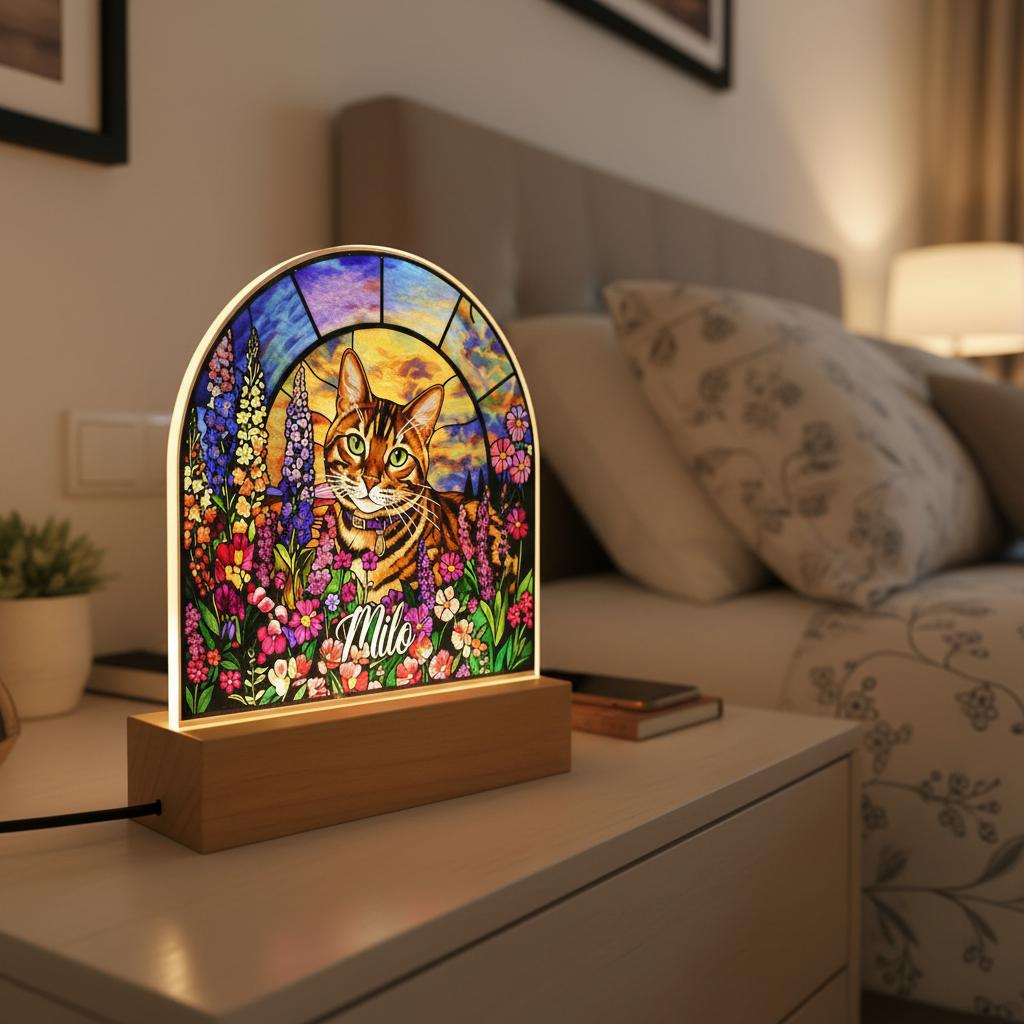 Personalized Cat Memorial Acrylic Stained Glass Night Light, Custom  Cat With Name and Image Gift, Loss of Pet Sympathy Gift - image 2