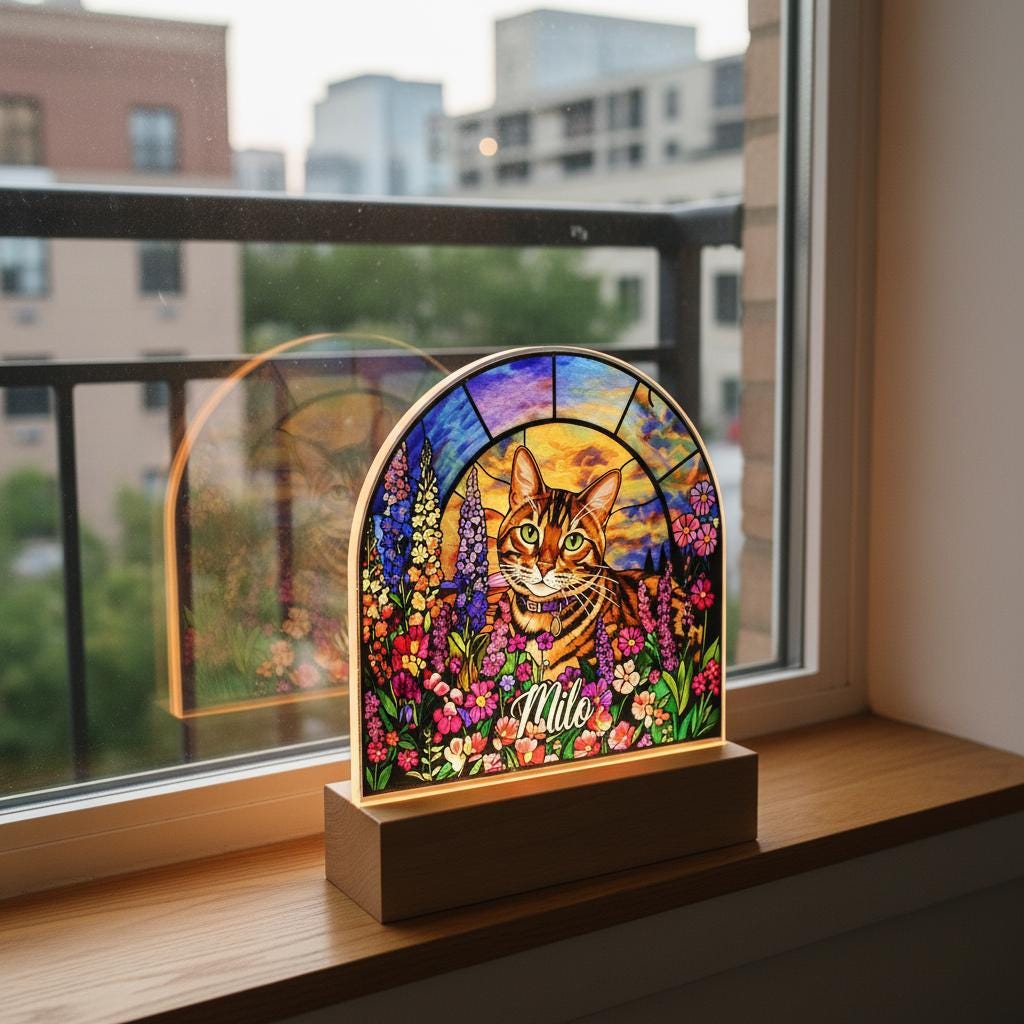 Personalized Cat Memorial Acrylic Stained Glass Night Light, Custom  Cat With Name and Image Gift, Loss of Pet Sympathy Gift - image 4