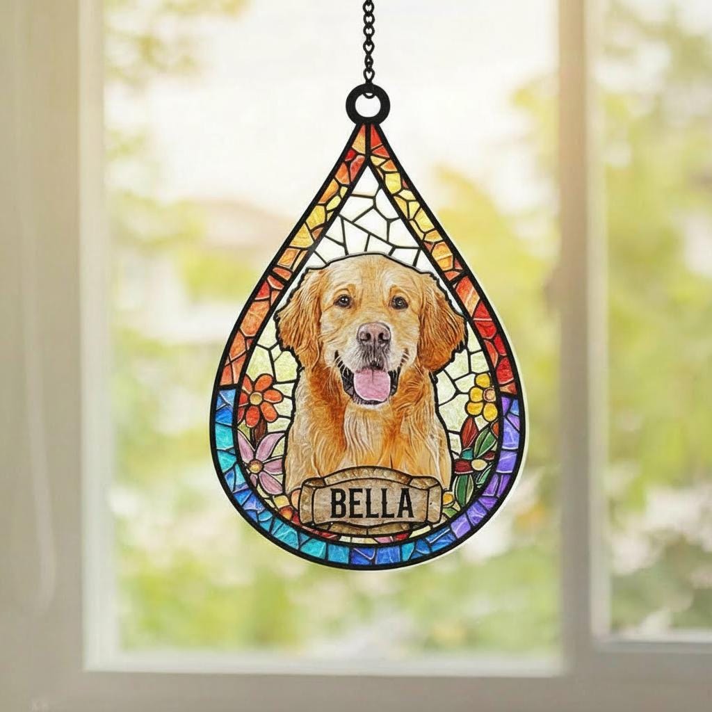 Personalized Pet Memorial  Suncatcher, Custom Pet Photo Gift, Teardrop Dog Memorial Suncatcher, Puppy Loss Gift,Pet Memorial