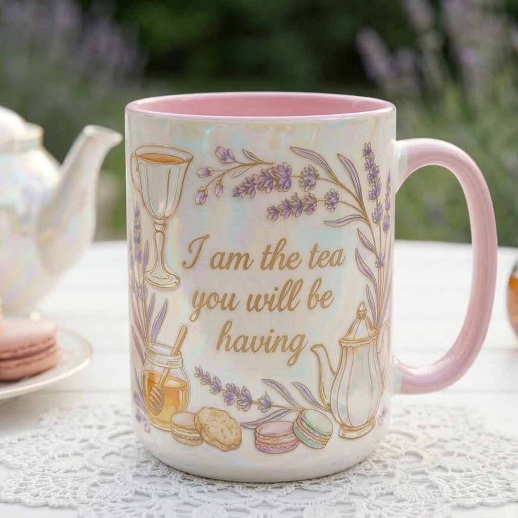 I Am The Tea You Will Be Having Mug, Faux 3D Lavender Design, 2D Flat Bookish Tea Romance Reader Gift