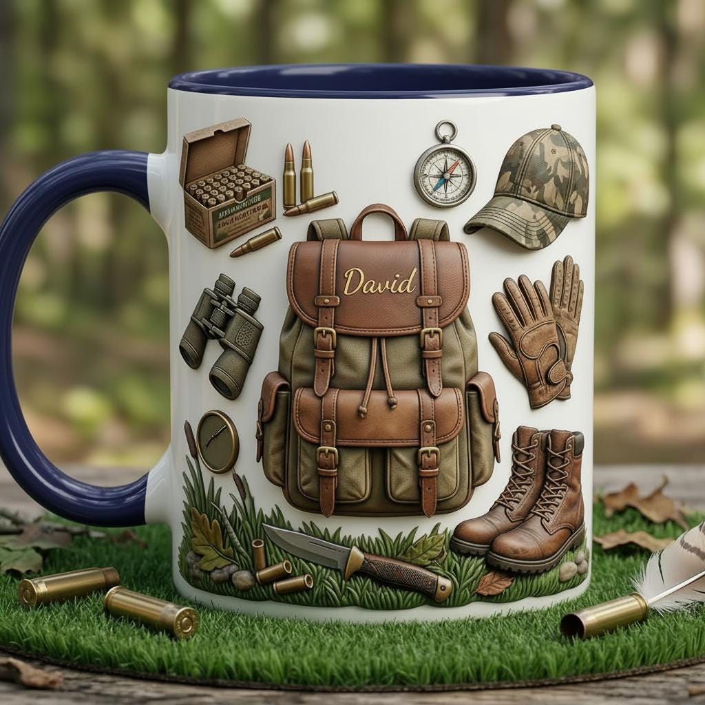 Personalized Hunting Faux 3D Effect Accent Mug, Nature Lover Hunter Coffee Mug, Gift For Him, Father's Day Gift For Dad Grandpa, 2D Flat Mug - image 4