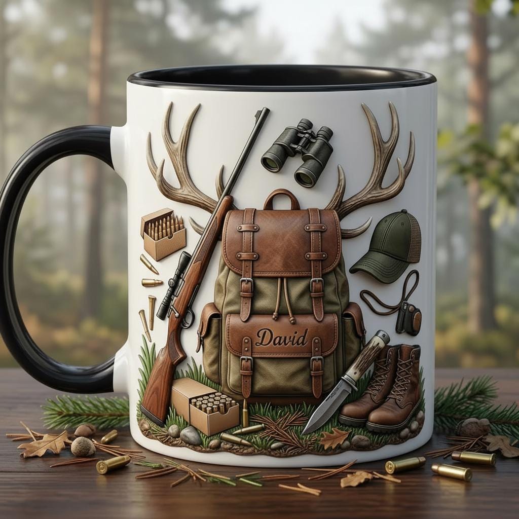 Personalized Hunting Faux 3D Effect Accent Mug, Nature Lover Hunter Coffee Mug, Gift For Him, Father's Day, 2D Flat Mug
