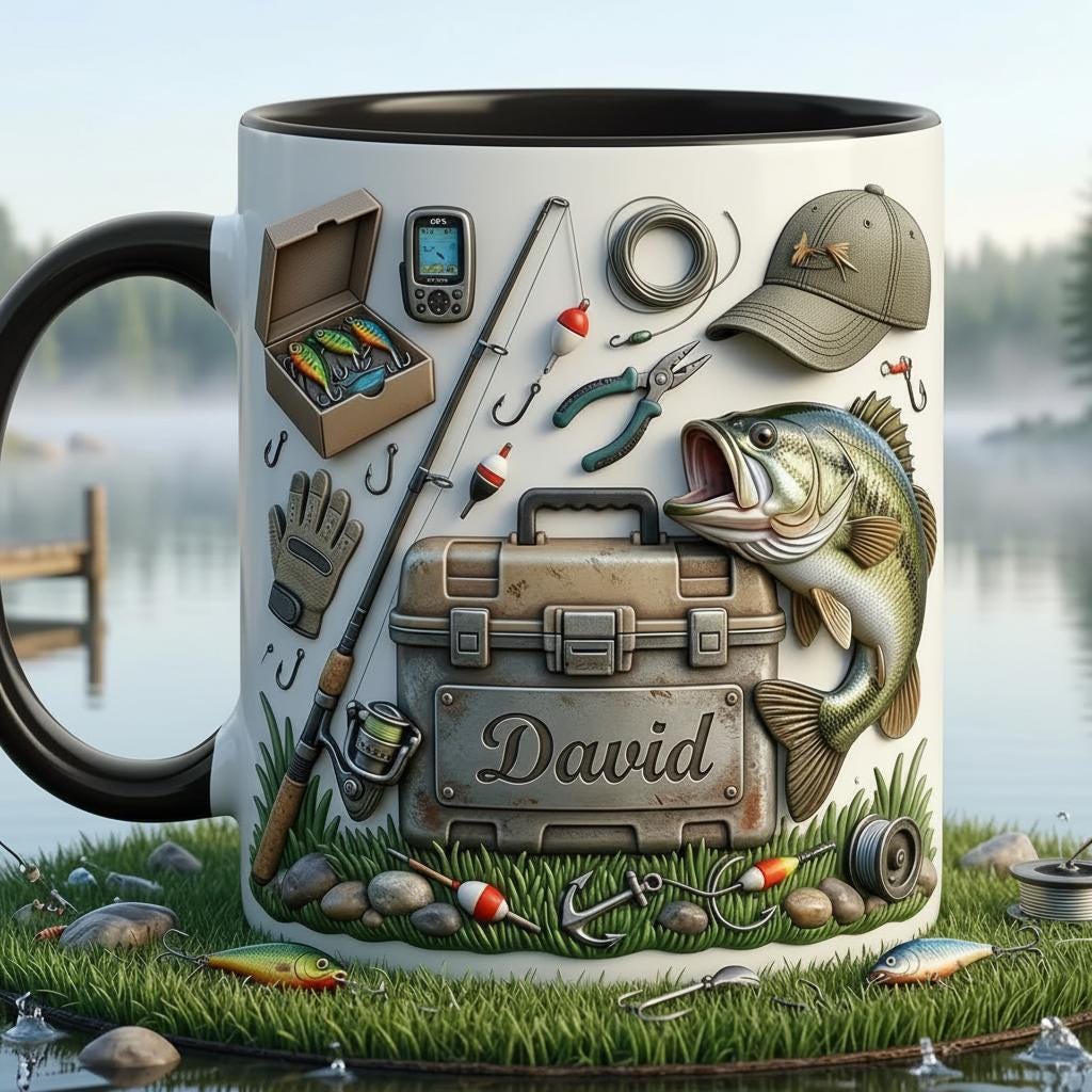 Personalized Fishing Mug, Fishing Lures Coffee Accent Mug, Father's Day Gift, Gift For Fisherman, Fishing Lover Cups 2D Flat Mug - image 2