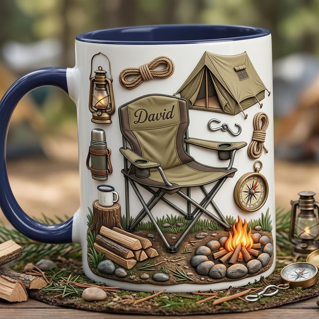 Personalized Camping Faux 3D Effect Accent Mug, Custom Mountain Camping Mug, 2D Flat Mug - image 4