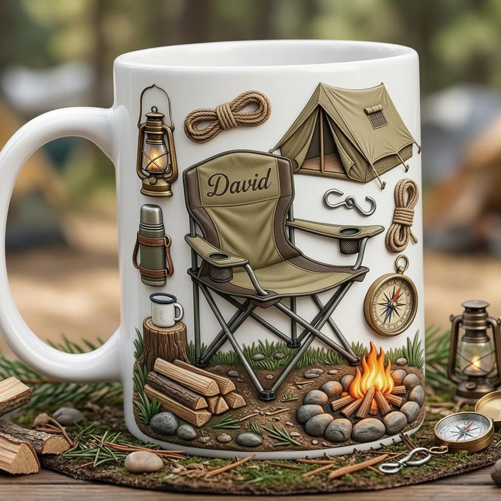 Personalized Camping Faux 3D Effect Accent Mug, Custom Mountain Camping Mug, 2D Flat Mug