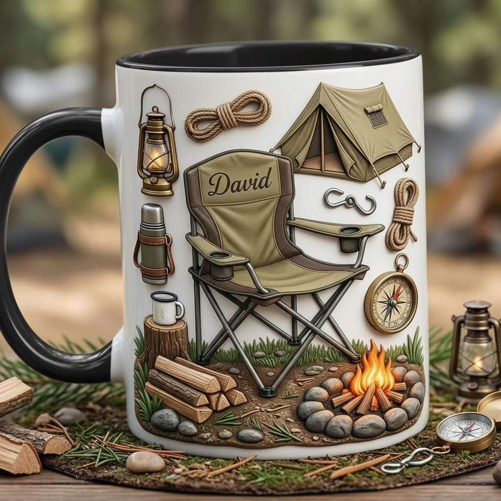 Personalized Camping Faux 3D Effect Accent Mug, Custom Mountain Camping Mug, 2D Flat Mug - image 3