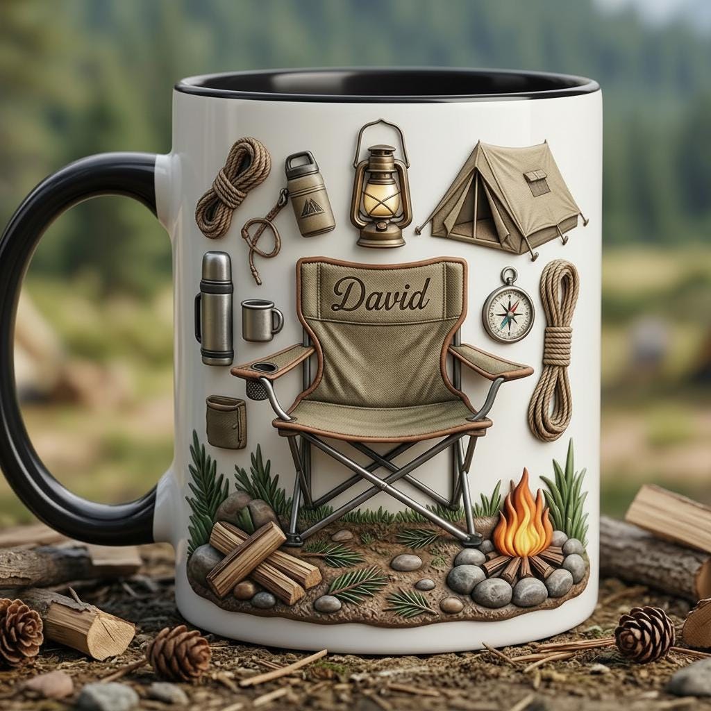 Personalized Camping Accent Mug, Faux 3D Effect Cup, Custom Mountain Camping Mug, 2D Flat Mug