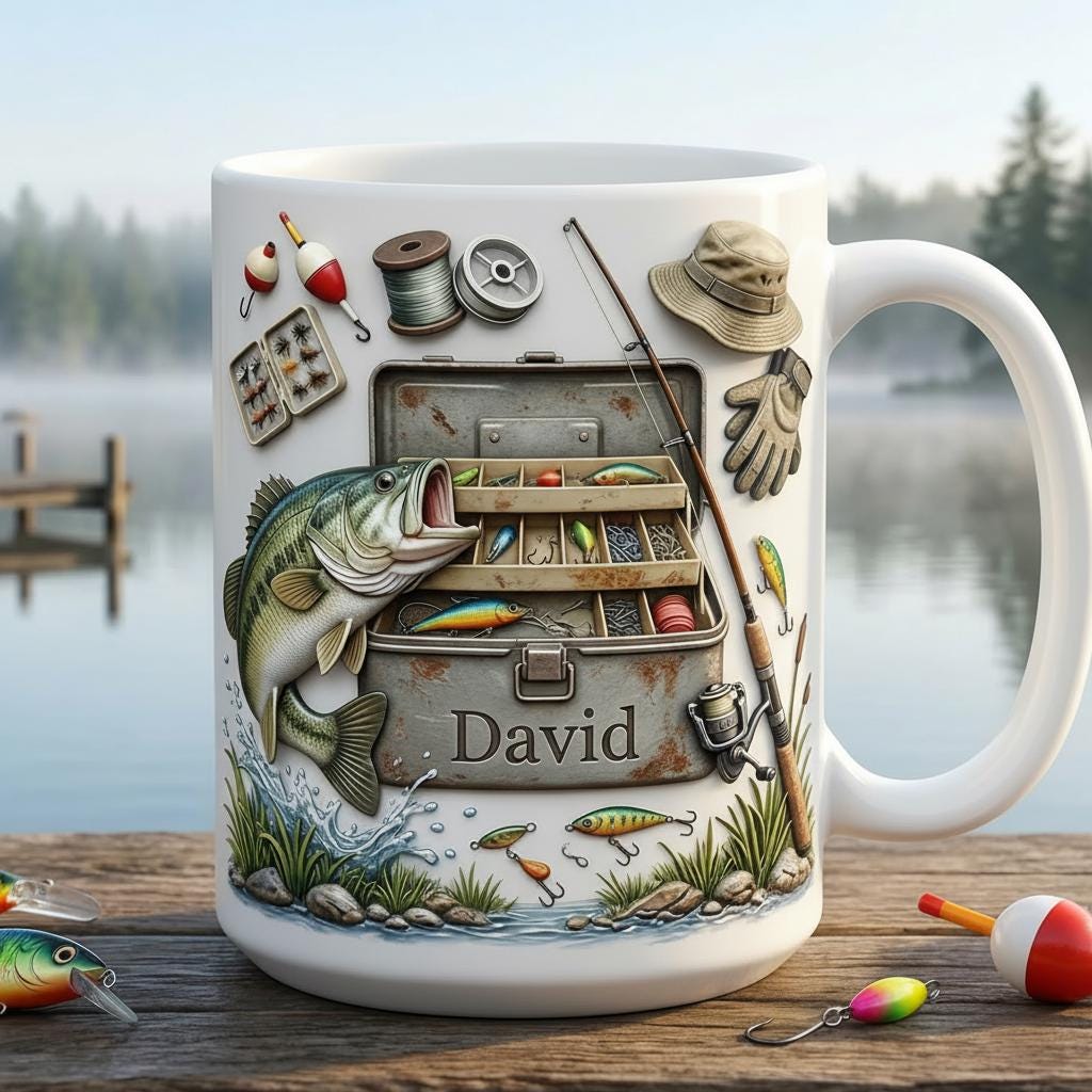 Personalized Fishing Faux 3D Mug, Fishing Lures Coffee Accent Mug, Father's Day Gift, Gift For Fisherman, Fishing Lover Cup,  2D Flat Mug