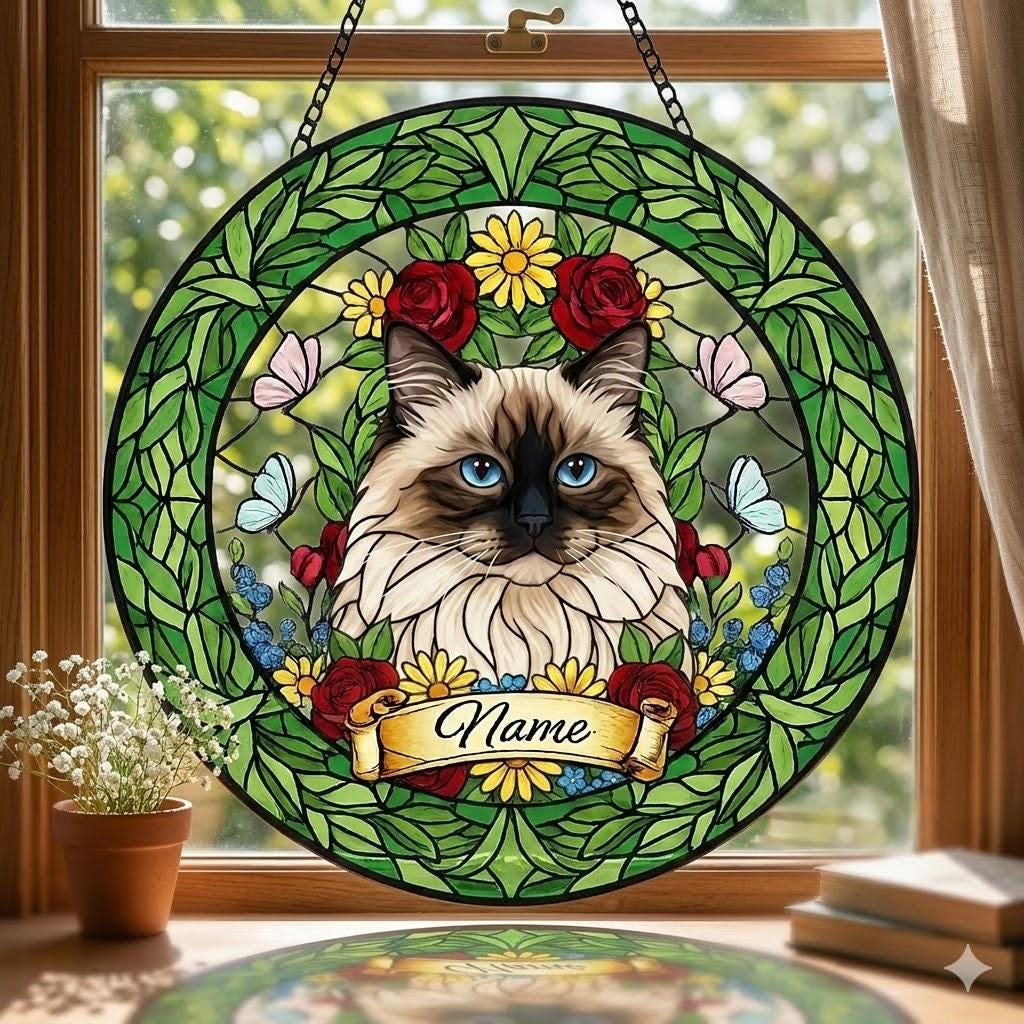 Custom Himalayan cat  Portrait Stained Glass Suncatcher, Custom  Pet Memorial Stained Glass Suncatcher, Cat Memorial Gift, Pet Loss Gift