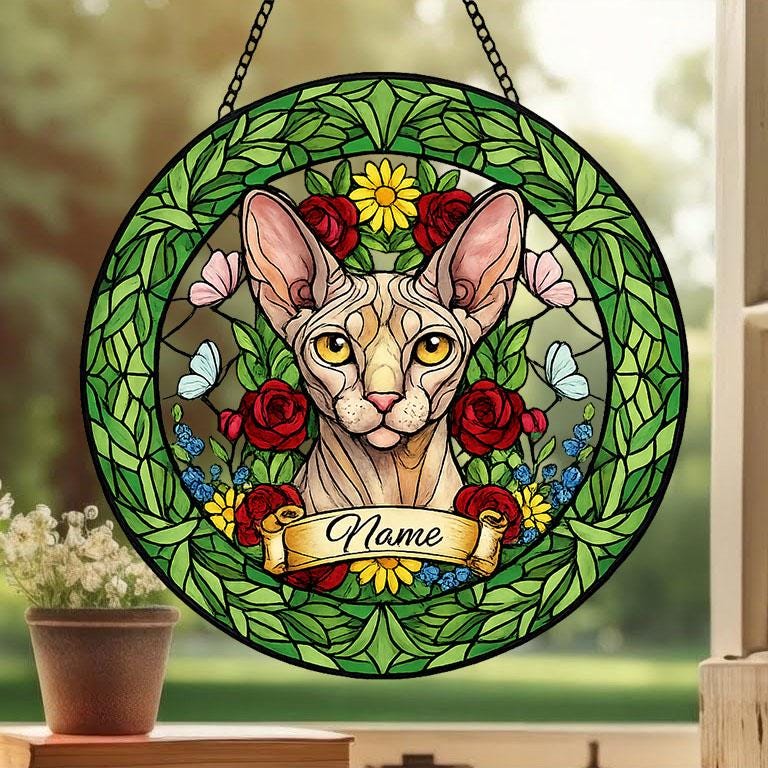 Custom Sphynx Cat Portrait Stained Glass Suncatcher, Custom  Pet Memorial Stained Glass Suncatcher, Cat Memorial Gift, Pet Loss Gift - image 5
