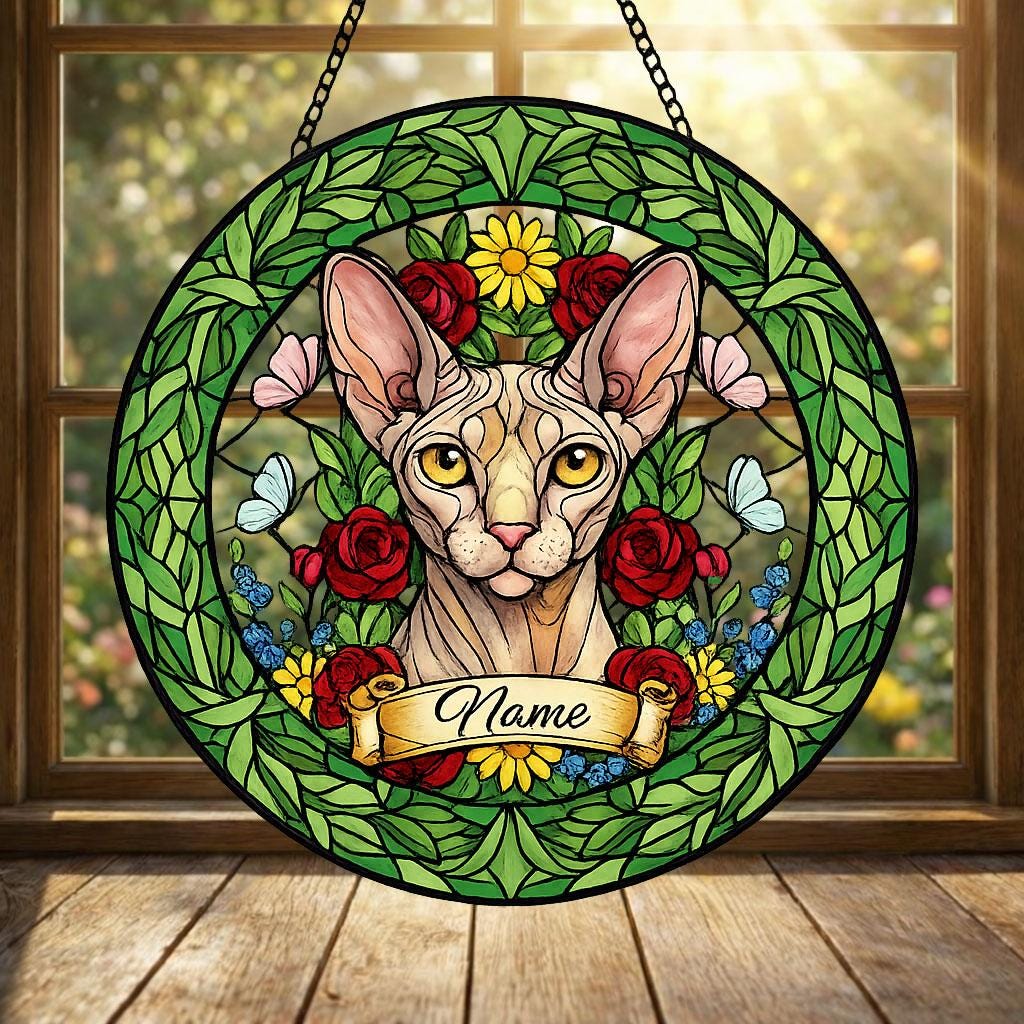 Custom Sphynx Cat Portrait Stained Glass Suncatcher, Custom  Pet Memorial Stained Glass Suncatcher, Cat Memorial Gift, Pet Loss Gift - image 3