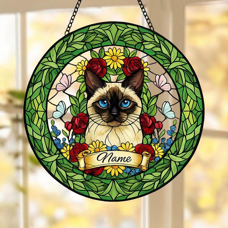 Custom Siamese Cat Portrait Stained Glass Suncatcher, Custom  Pet Memorial Stained Glass Suncatcher, Cat Memorial Gift, Pet Loss Gift - image 3