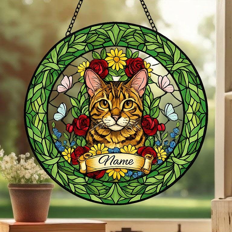 Custom Bengal  Cat Portrait Stained Glass Suncatcher, Custom  Pet Memorial Stained Glass Suncatcher, Cat Memorial Gift,  Pet Loss Gift