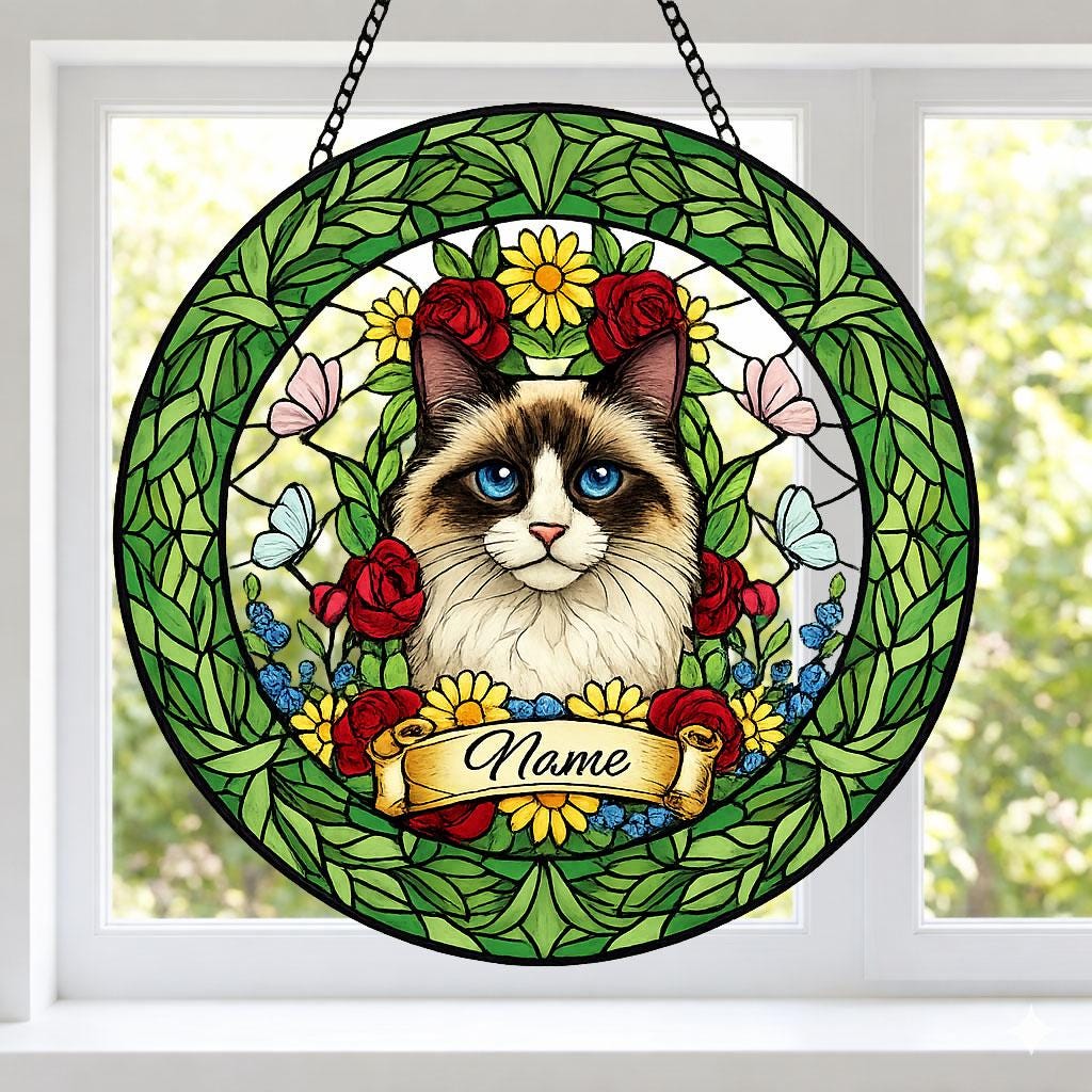 Custom Ragdoll  Cat Portrait Stained Glass Suncatcher, Custom  Pet Memorial Stained Glass Suncatcher, Cat Memorial Gift, Pet Loss Gift