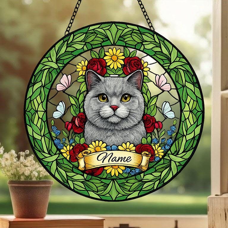 Custom British Shorthair Cat Portrait Stained Glass Suncatcher, Custom  Pet Memorial Stained Glass Suncatcher, Cat Memorial Gift, Cat Loss - image 2