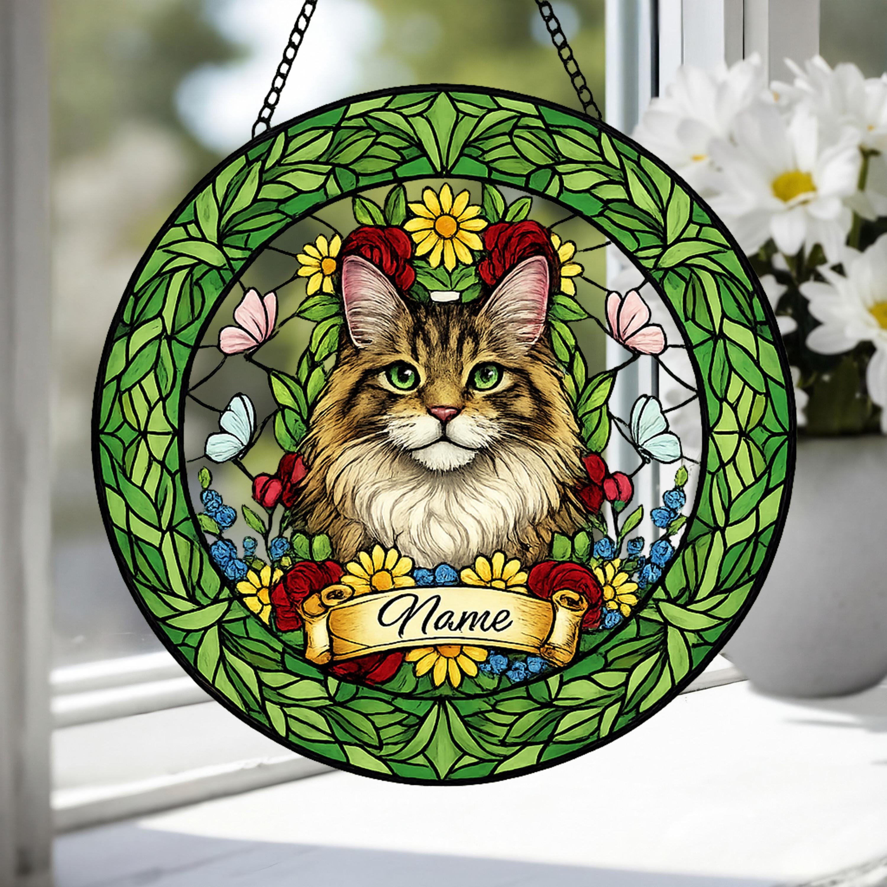 Custom Maine Coon Cat Portrait Stained Glass Suncatcher, Custom  Pet Memorial Stained Glass Suncatcher, Cat Memorial Gift, Pet Loss Gift - image 3