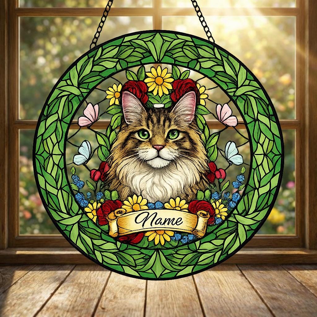 Custom Maine Coon Cat Portrait Stained Glass Suncatcher, Custom  Pet Memorial Stained Glass Suncatcher, Cat Memorial Gift, Pet Loss Gift - image 4