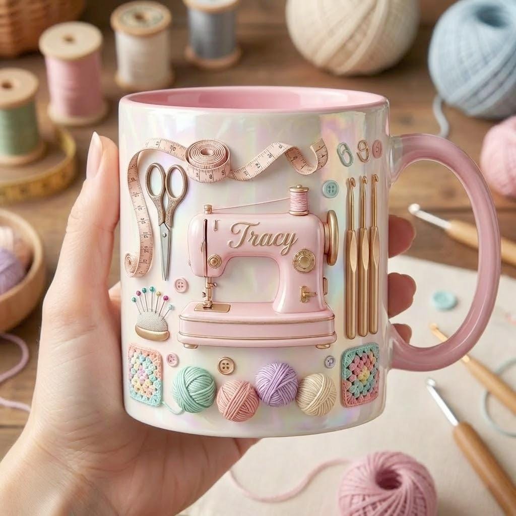 Personalized Sewing Machine Mug, Faux 3D Effect Craft Coffee Mug, Sewing Lover Gift, Crochet Lover Mug - image 2