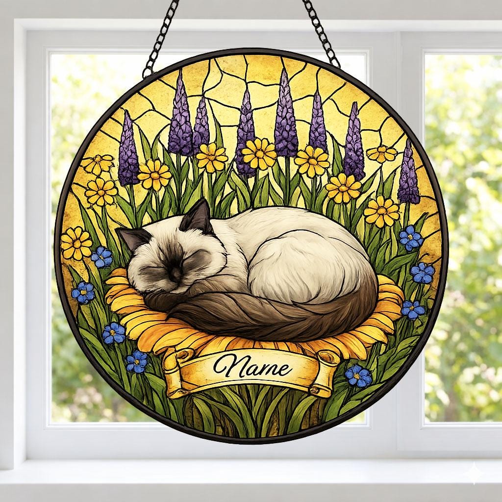 Custom Himalayan cat  Stained Glass Suncatcher, Sleeping Cat Window Decor, Cat Lover Gift, Floral Glass Art Panel, Pet Memorial Gift
