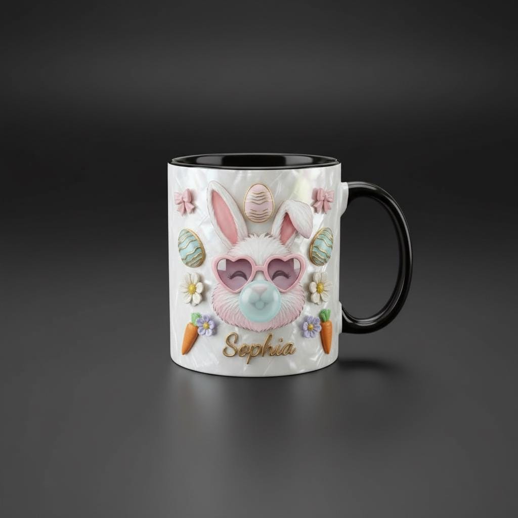 Personalized Easter Bunny Mug, Custom Name Easter Eggs Coffee Mugs, Cute Rabbit Easter Day Cup