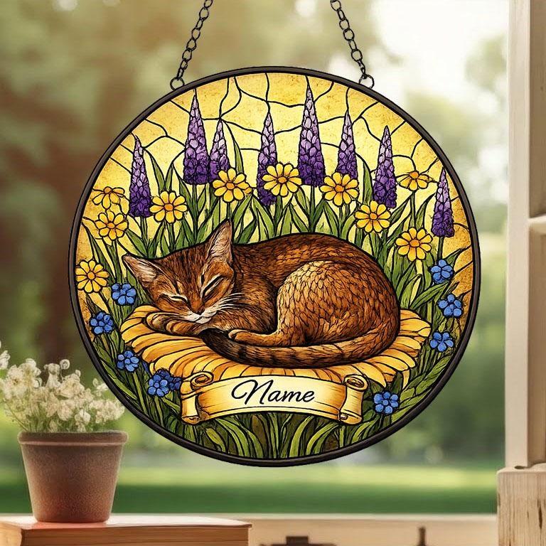 Custom Abyssinian cat  Stained Glass Suncatcher, Sleeping Cat Window Decor, Cat Lover Gift, Floral Glass Art Panel, Pet Memorial Gift - image 2