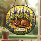 Custom Abyssinian cat  Stained Glass Suncatcher, Sleeping Cat Window Decor, Cat Lover Gift, Floral Glass Art Panel, Pet Memorial Gift - image 2