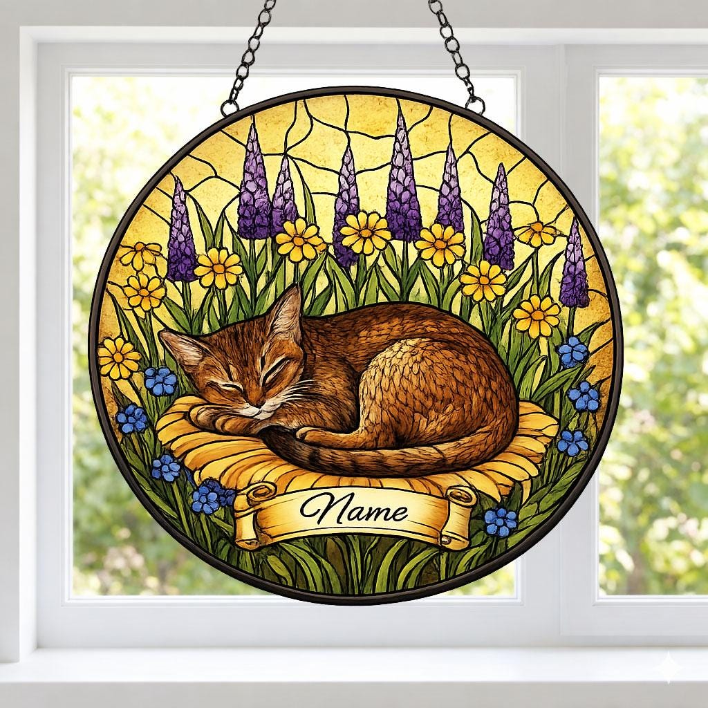 Custom Abyssinian cat  Stained Glass Suncatcher, Sleeping Cat Window Decor, Cat Lover Gift, Floral Glass Art Panel, Pet Memorial Gift