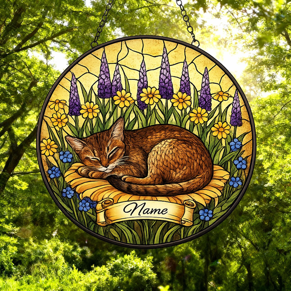 Custom Abyssinian cat  Stained Glass Suncatcher, Sleeping Cat Window Decor, Cat Lover Gift, Floral Glass Art Panel, Pet Memorial Gift - image 5