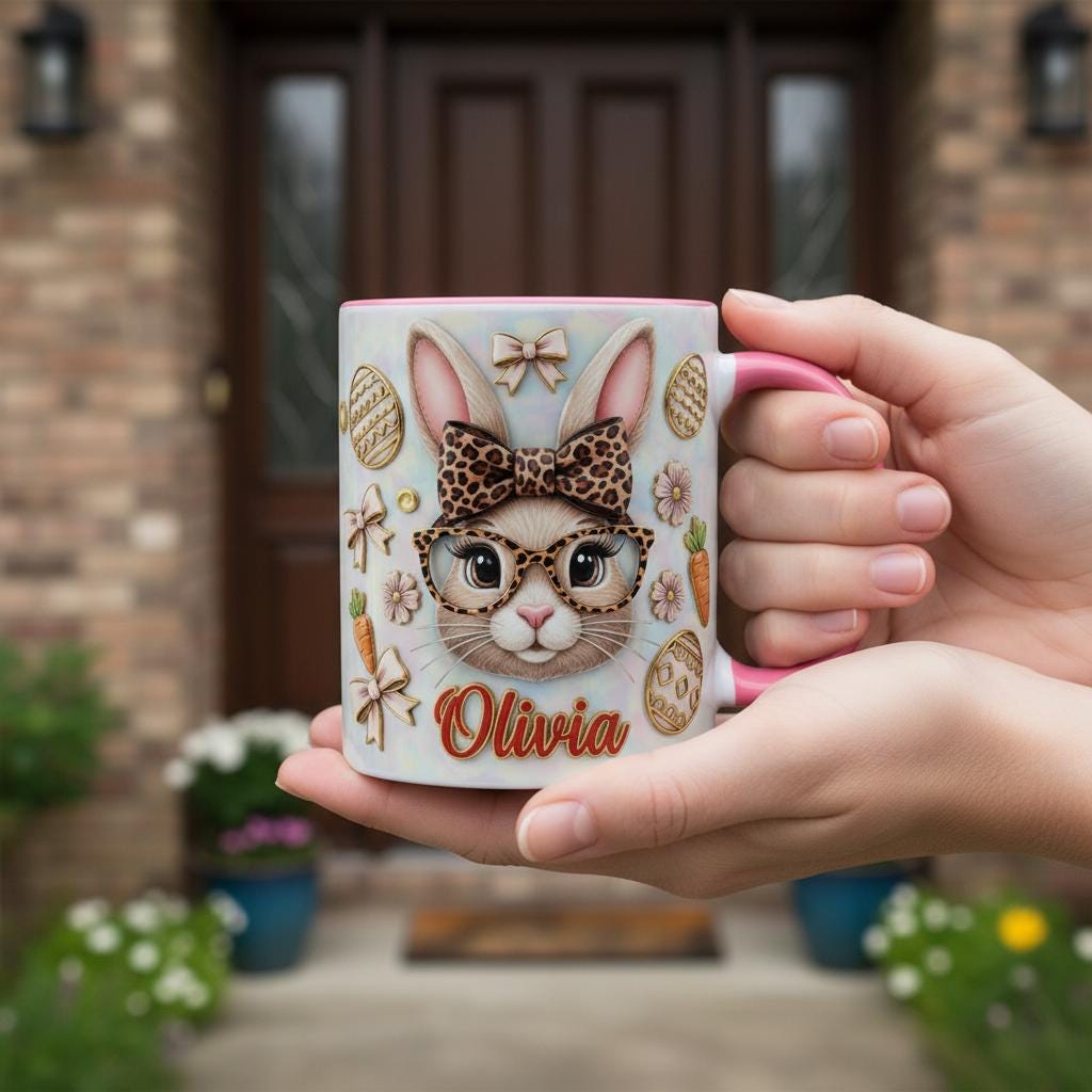 Retro Personalized Bunny Easter Mug, Custom Name Easter Eggs Coffee Mugs, Cute Rabbit Easter Day Cup - image 2