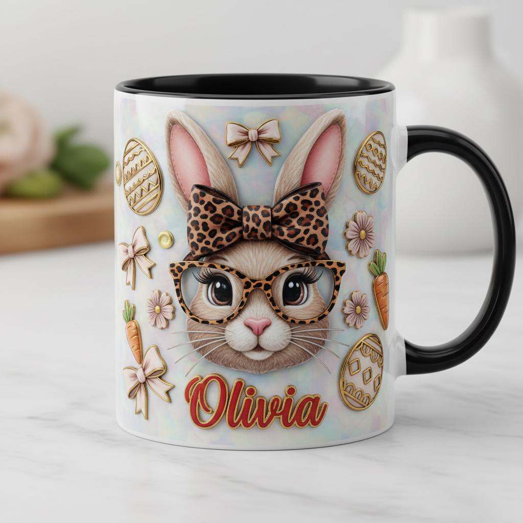 Retro Personalized Bunny Easter Mug, Custom Name Easter Eggs Coffee Mugs, Cute Rabbit Easter Day Cup