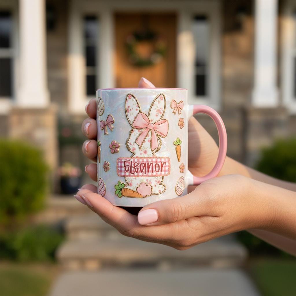 Retro Personalized Bunny Easter Mug, Custom Name Easter Eggs Coffee Mugs, Cute Rabbit Easter Day Cup - image 2