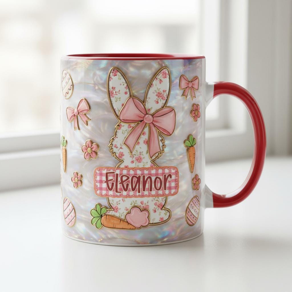 Retro Personalized Bunny Easter Mug, Custom Name Easter Eggs Coffee Mugs, Cute Rabbit Easter Day Cup
