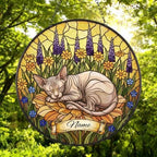 Custom Sphynx cat Stained Glass Suncatcher, Sleeping Cat Window Decor, Cat Lover Gift, Floral Glass Art Panel, Handmade Pet Memorial Gift - image 2