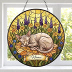 Custom Sphynx cat Stained Glass Suncatcher, Sleeping Cat Window Decor, Cat Lover Gift, Floral Glass Art Panel, Handmade Pet Memorial Gift