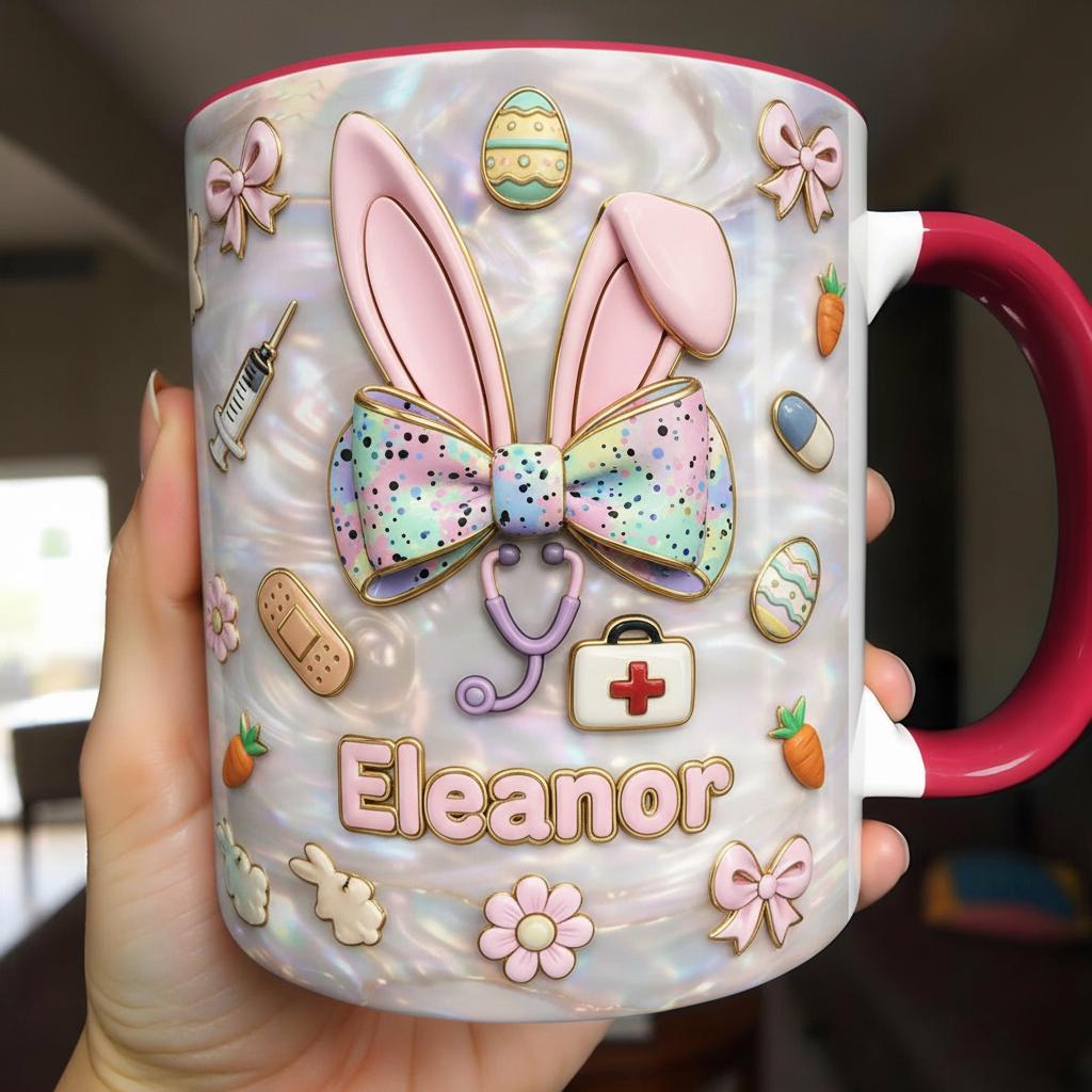 Personalized Bunny Nurse Easter Mug, Custom Name Easter Eggs Coffee Mugs, Cute Nurse Easter Day Gift