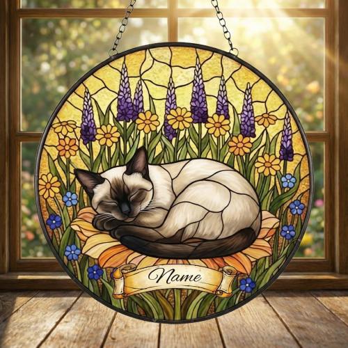 Custom Siamese cat Stained Glass Suncatcher, Sleeping Cat Window Decor, Cat Lover Gift, Floral Glass Art Panel, Handmade Pet Memorial Gift - image 2