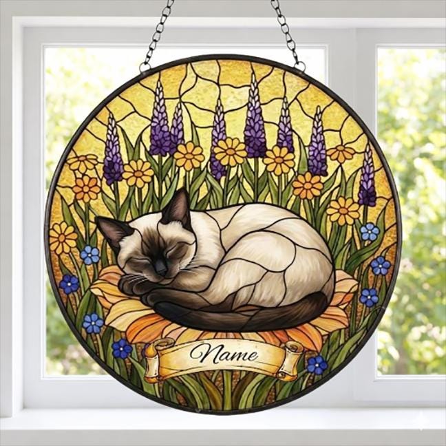 Custom Siamese cat Stained Glass Suncatcher, Sleeping Cat Window Decor, Cat Lover Gift, Floral Glass Art Panel, Handmade Pet Memorial Gift