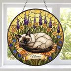 Custom Siamese cat Stained Glass Suncatcher, Sleeping Cat Window Decor, Cat Lover Gift, Floral Glass Art Panel, Handmade Pet Memorial Gift